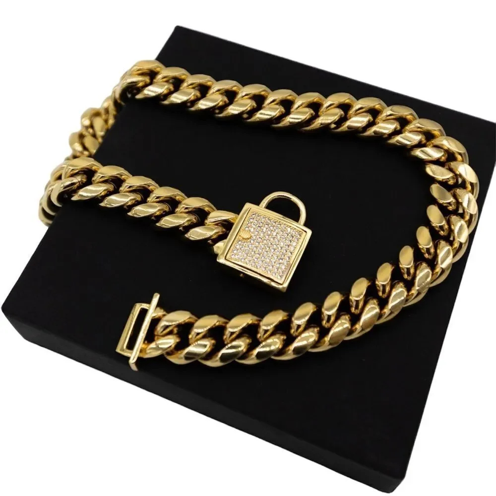 Dog Wide Cuban Link Stainless Pet Chain Gold Tone Collar Necklace Pet Accessory